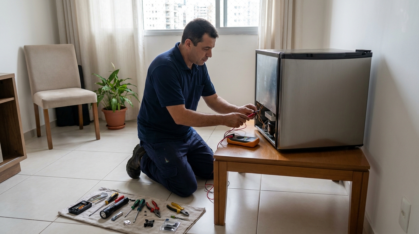 Técnico fazendo manutenção do motor de frigobar em Niterói‑RJ