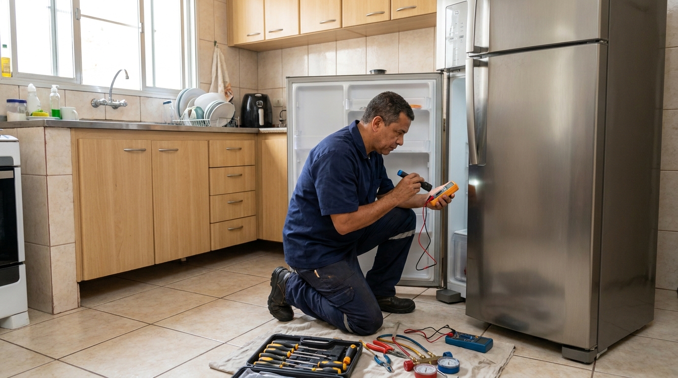 Técnico aplicando recarga de gás refrigerante em geladeira em Niterói‑RJ