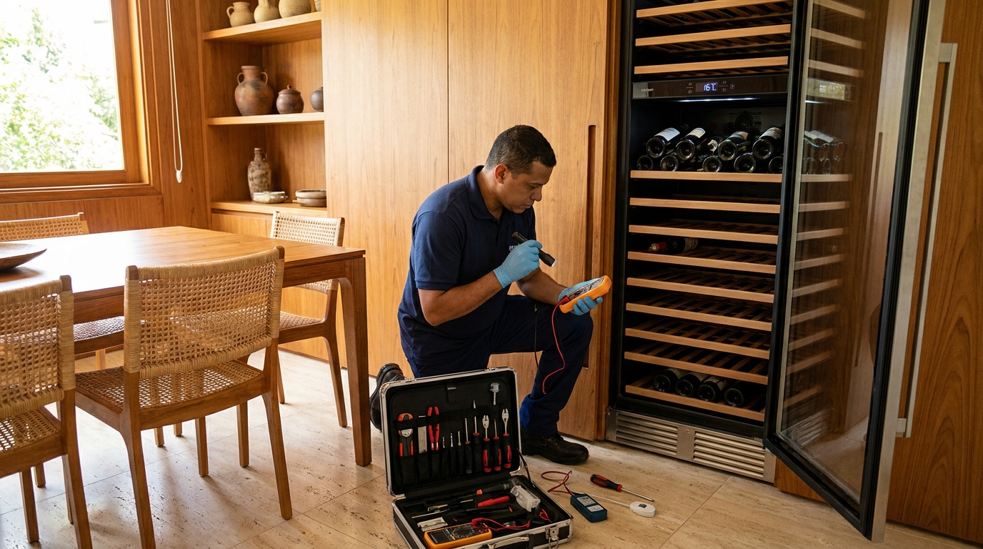 Substituição de termostato em adega climatizada em visita técnica em Niterói‑RJ